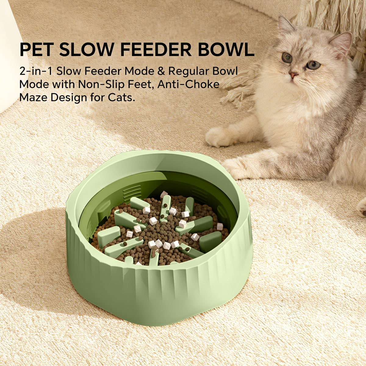 Cat Slow Feeder Bowl with Removable Insert and Non-Slip Base, Maze Anti-Choke Design, for Cats, Green