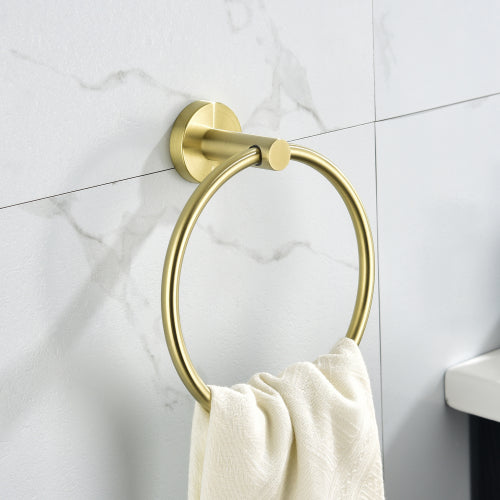 AEELLEEA 6-Piece Brushed Brass Bathroom Hardware Set, 23.6" Double Towel Bar Ring Toilet Paper Holder 2 Robe Hooks Wall Mount Kit
