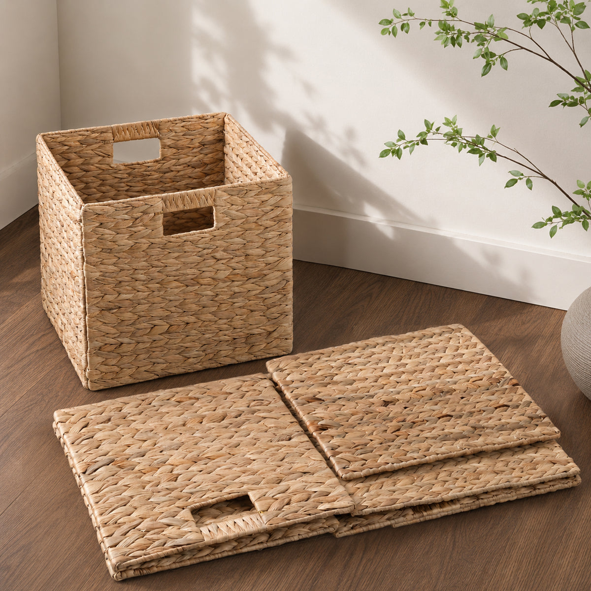 Water Hyacinth Folding Storage Baskets, Set of 2, 12.6" x 12.6" x 12.6", Handwoven Cube Baskets with Cutout Handles – Shelf Organizer