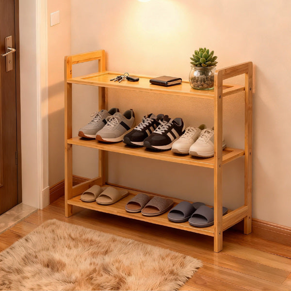 Bamboo Shoe Rack 3 Tier, Natural Bamboo Shoe Shelf for Entryway, Eco Friendly Sturdy Storage Rack for Shoes and Plants
