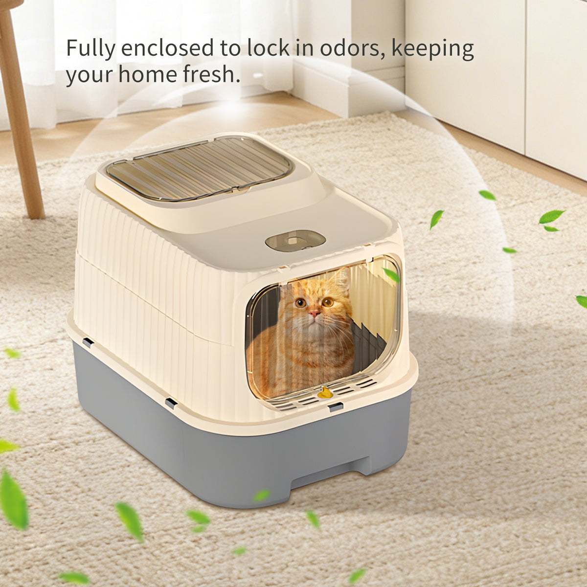 Enclosed Cat Litter Box with 2-Way Transparent Door and Litter Sifting Step, Removable Easy-Clean Design, Beige & Gray