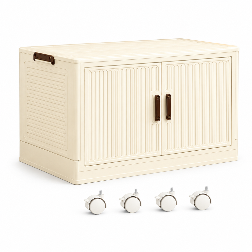 27.6" Foldable Storage Cabinet with Magnetic Doors & Rolling Casters - Cream