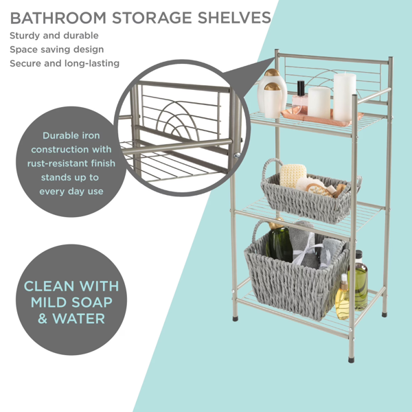 AEELLEEA 17" x 11" x 36" 3-Tier Iron Bathroom Shelf, Freestanding Rust Resistant Storage Rack in Satin Nickel Finish