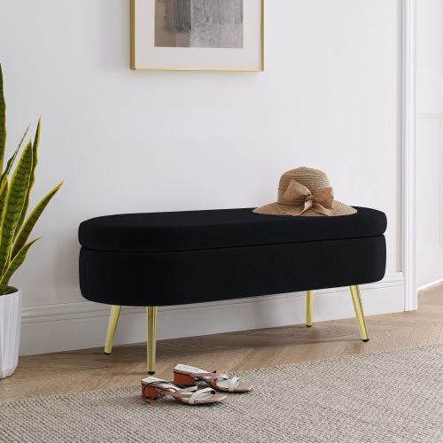 AEELLEEA 43 Inch Oval Storage Ottoman Bench, Black Textured Fabric Bench with Gold Metal Legs for Bedroom Entryway