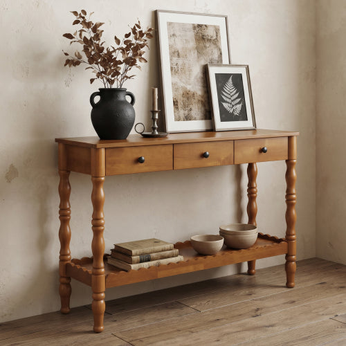 AEELLEEA 47.2" Farmhouse Console Table with 3 Drawers, Rustic Wood Entryway Table with Storage Shelf, Brown