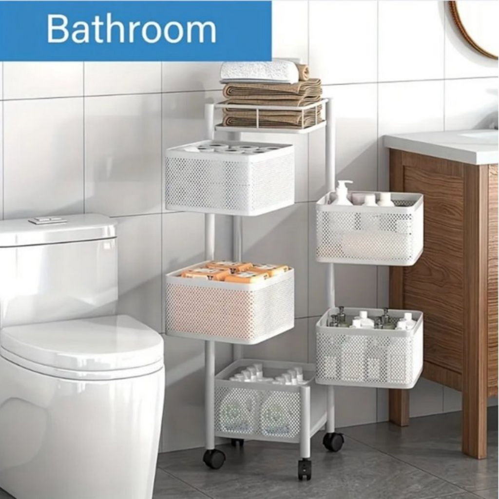 AEELLEEA 5-Tier Rotating Kitchen Storage Cart, Metal Mesh Basket with Lockable Wheels, Mobile Organizer for Kitchen & Bathroom
