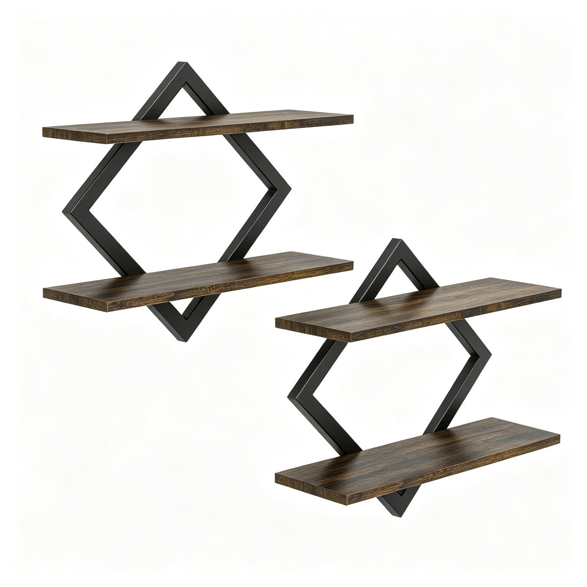 2 Pack Diamond Floating Wall Shelves, Rustic Wood & Metal Double Tier Wall Mount Shelf for Bedroom Living Room Kitchen Decor