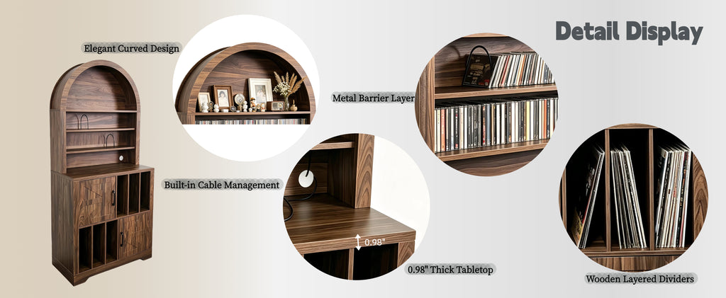 AEELLEEA Arched Vinyl Record Storage Cabinet, Tall Mid-Century Turntable Stand with Doors, Holds 400 LPs, Media Shelf for Living Room