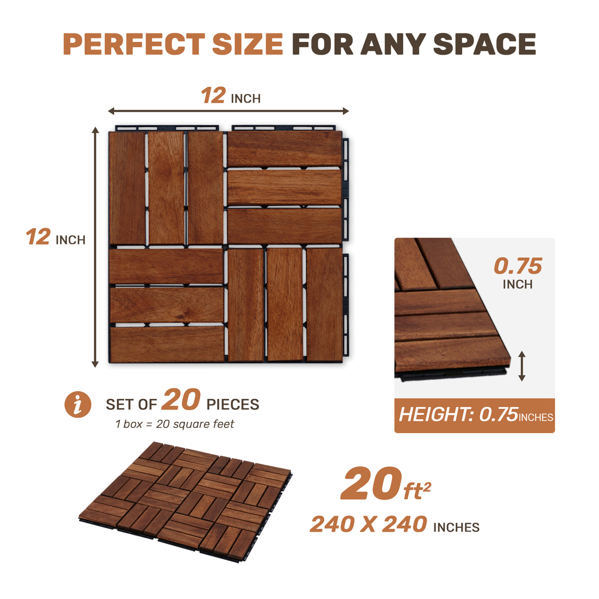 AEELLEEA Acacia Wood Interlocking Deck Tiles, 20 Pack 12"×12" Waterproof Checker Patio Flooring Tiles for Balcony Poolside