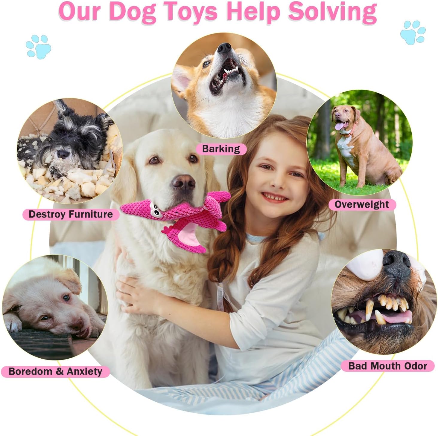LWBMG Squeaky Dog Toys Plush Dog Toy with Crinkle Paper Dinosaur Dog Toy Stuffed Animals Chew Toy Plush Squeaky Dog Birthday Toys for Small Medium Large Dogs Pink
