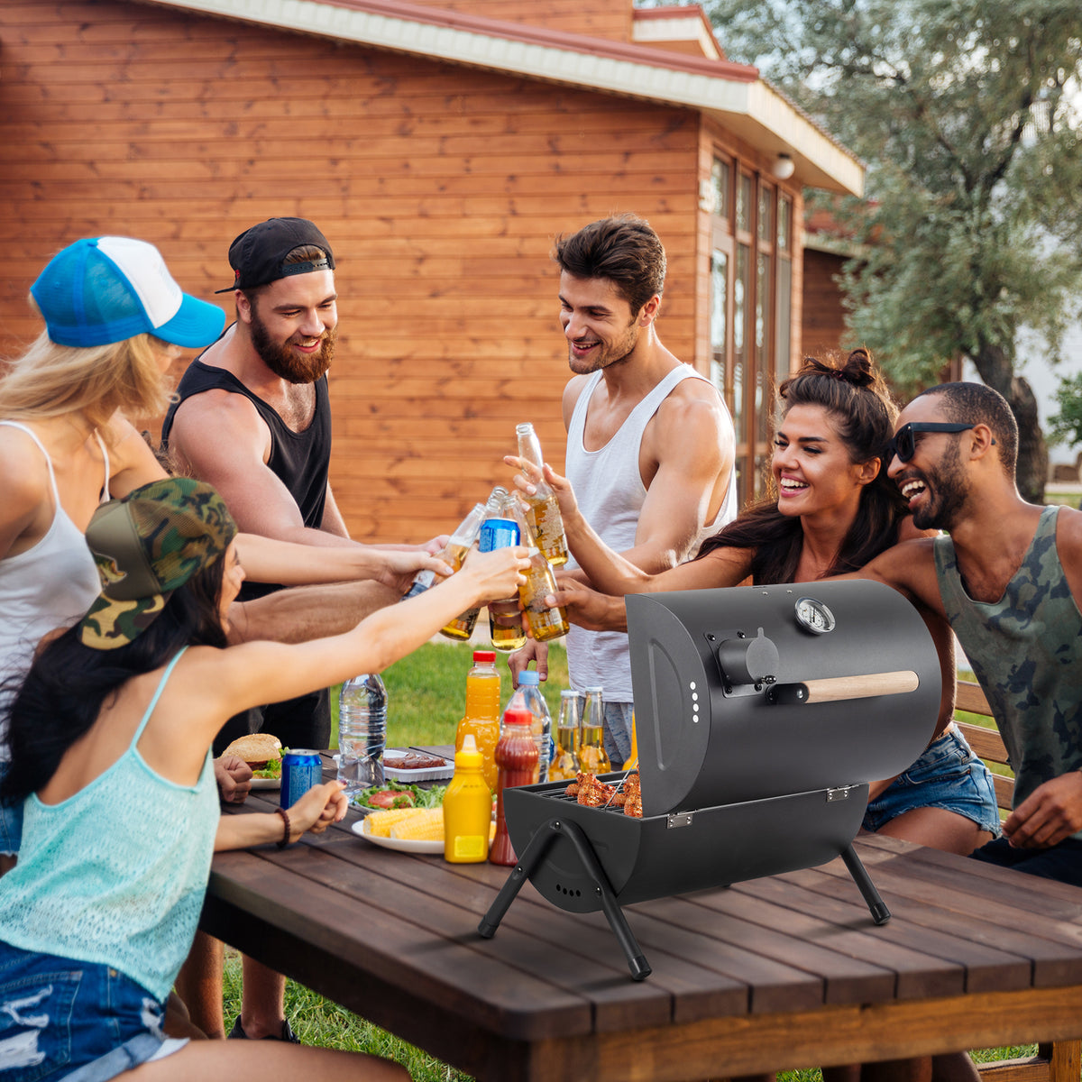 AEELLEEA-Portable Charcoal Grill with Thermometer & Wooden Handle, Compact Tabletop BBQ Grill for Camping