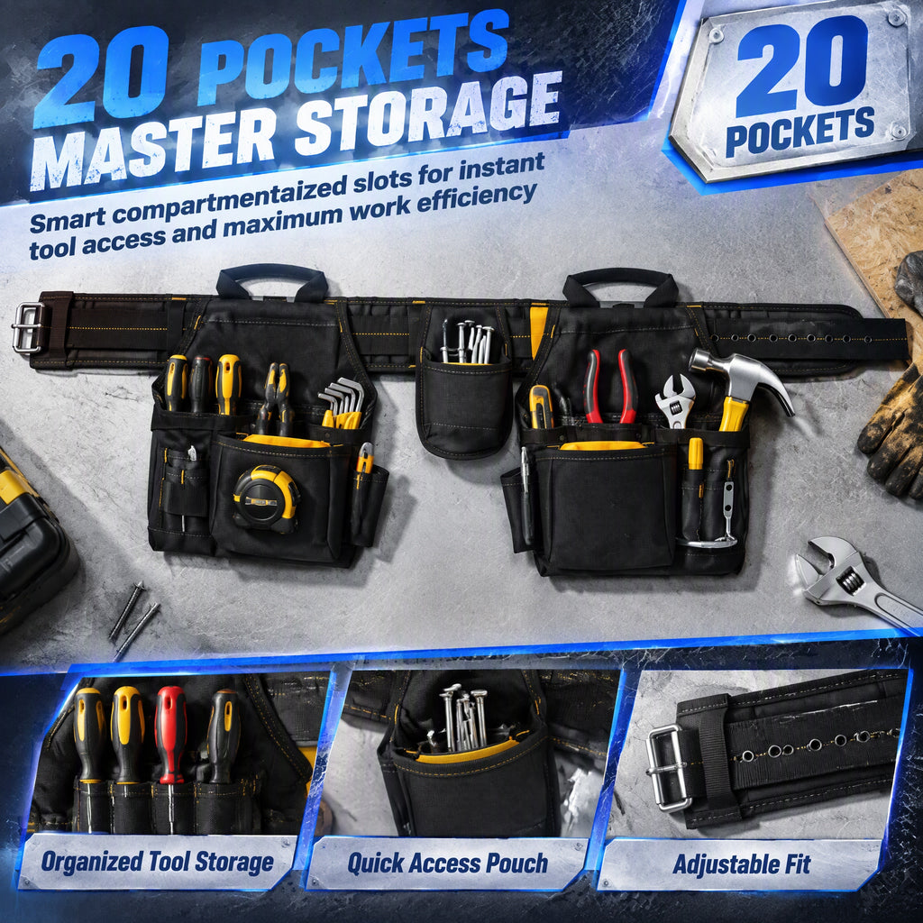 AEELLEEA-20-Pocket Heavy Duty Tool Belt, Adjustable Waist Tool Organizer with Hammer Holder