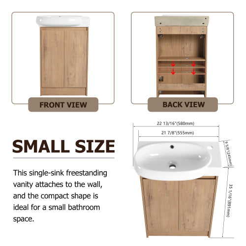 23 Inch Bathroom Vanity with Sink, Freestanding Light Oak Bathroom Cabinet with Ceramic Basin, Soft Close Door