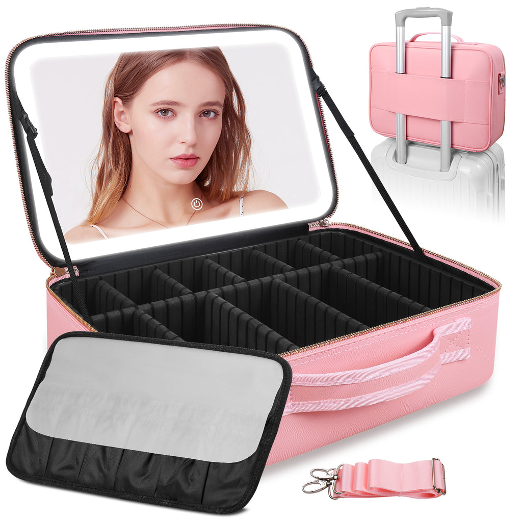 15" Lighted Makeup Organizer 3Color Mirror Adjustable Dividers Travel Ready