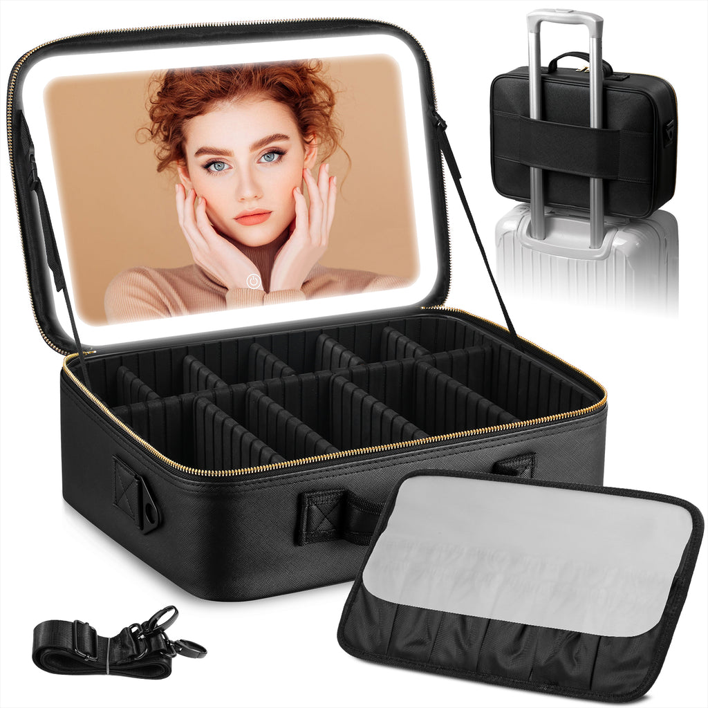 15" Lighted Makeup Organizer 3Color Mirror Adjustable Dividers Travel Ready