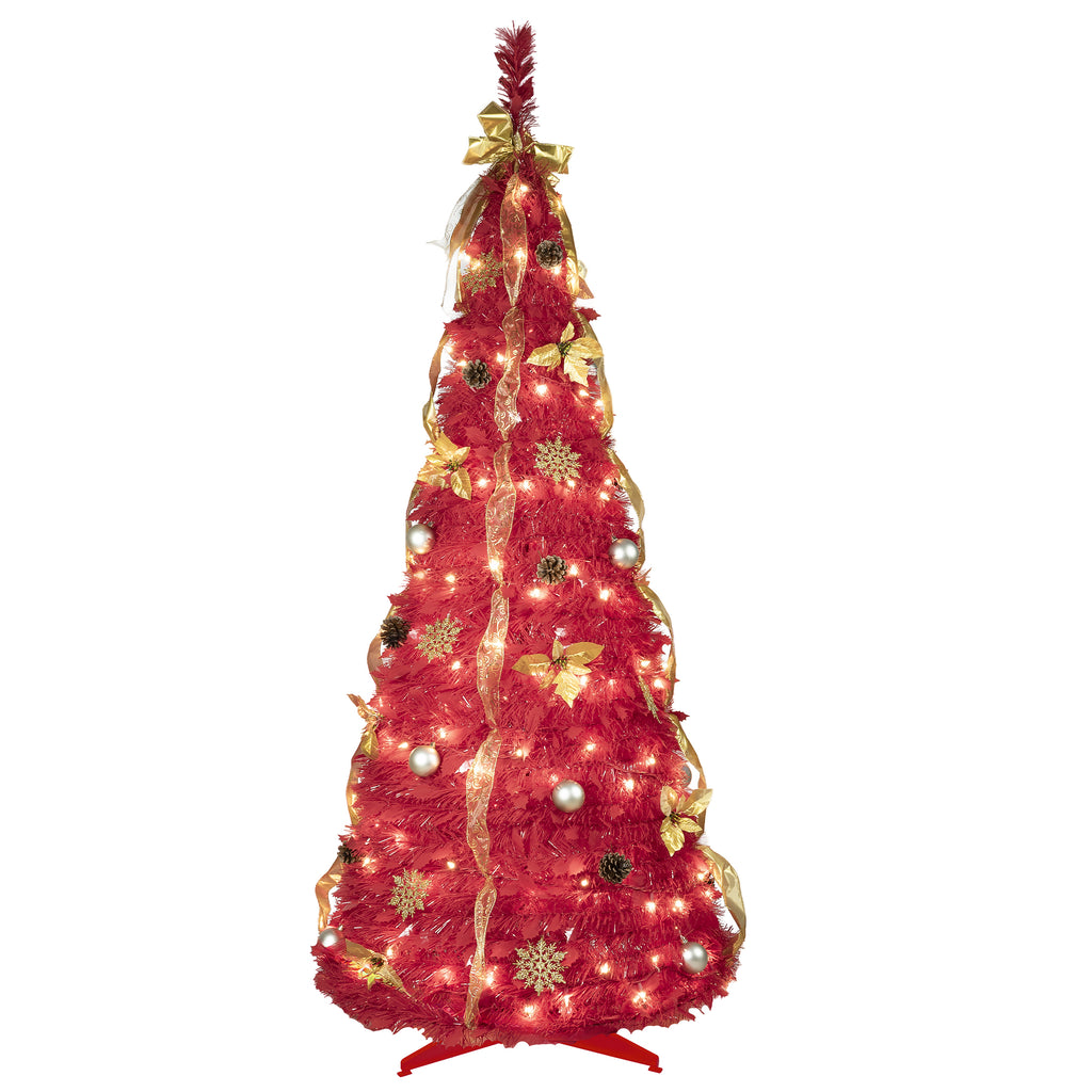 6FT Red Pop-Up Christmas Tree with 150 Warm White LED Lights, 4 Ribbons, Bows, Flowers, Snowflakes, Pine Cones & Balls, Holiday Decor