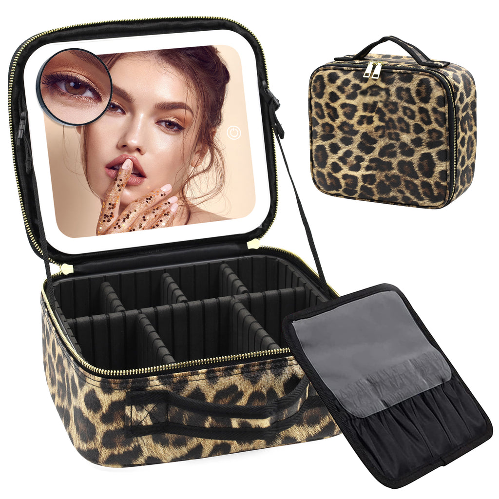LED Makeup Bag with Mirror 3Color Light Adjustable Dividers Travel Case
