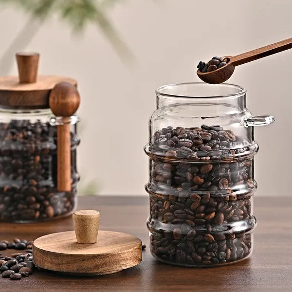 18.5 oz Airtight Glass Coffee Canister with Bamboo Spoon, High Borosilicate Glass Storage Jar for Coffee Beans, Tea & Sugar