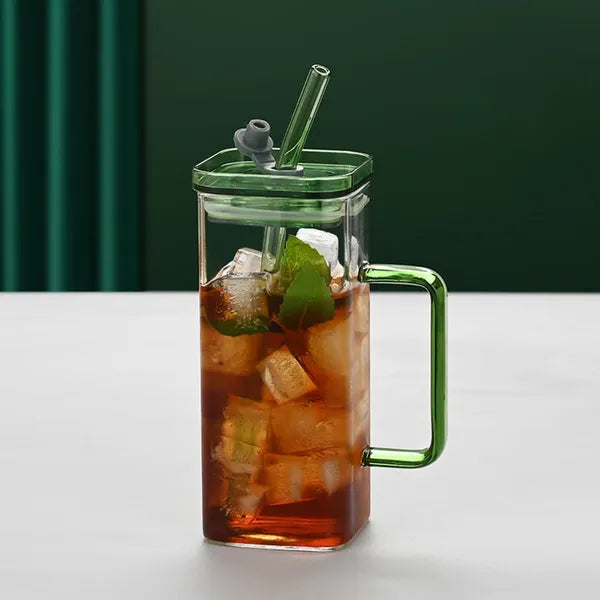 Green Glass Tumbler with Lid & Straw, 16oz Lead-Free Borosilicate Glass Reusable Iced Coffee Cup for Juice, Beverages