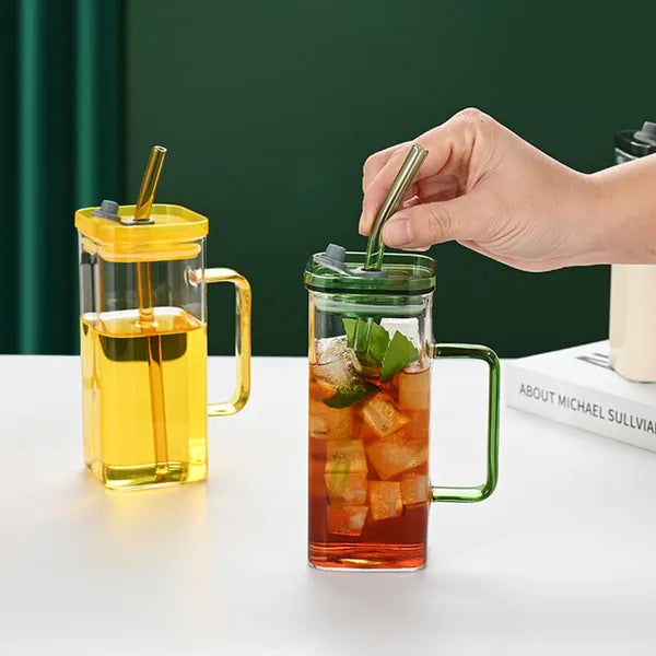 Green Glass Tumbler with Lid & Straw, 16oz Lead-Free Borosilicate Glass Reusable Iced Coffee Cup for Juice, Beverages