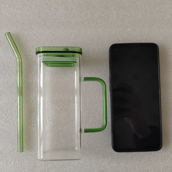 Green Glass Tumbler with Lid & Straw, 16oz Lead-Free Borosilicate Glass Reusable Iced Coffee Cup for Juice, Beverages