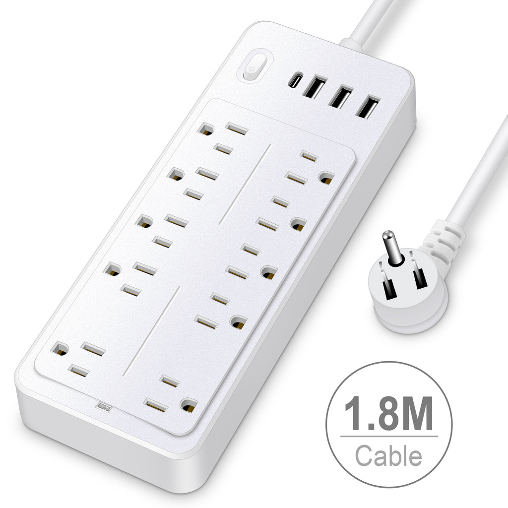 6 FT Surge Protector Power Strip, 10 Outlets 4 USB Ports(1 USB‑C), 14‑in‑1 Long Extension Cord, Flat Plug, 1700J, 1625W/13A, White