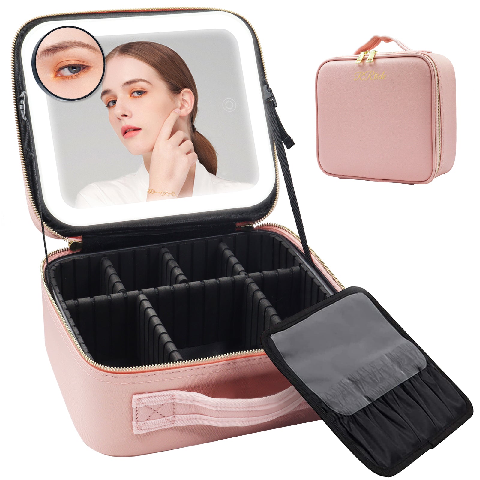 LED Makeup Bag with Mirror 3Color Light Adjustable Dividers Travel Case