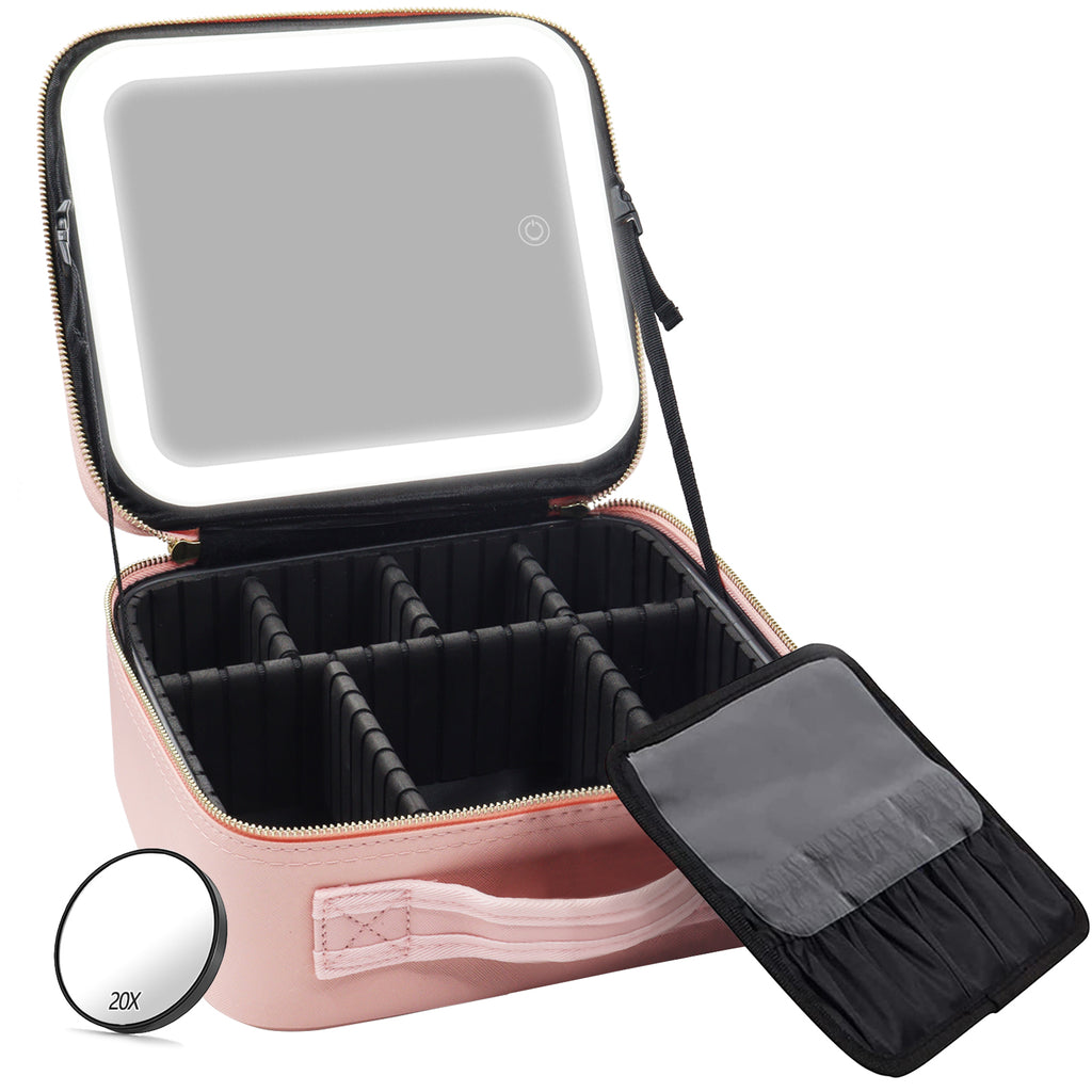 AEELLEEA Pink Makeup Bag with LED Lighted Mirror, Cosmetic Train Case, 3 Color Lights, Adjustable Dividers, 5X Magnifying Mirror