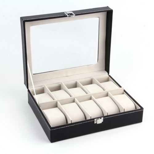 10 Slot PU Leather Watch Box, Black Watch Display Case with Clear Glass Top & Metal Buckle, Velvet Lined Watch Storage Organizer Holder for Men Women Dresser Bedroom