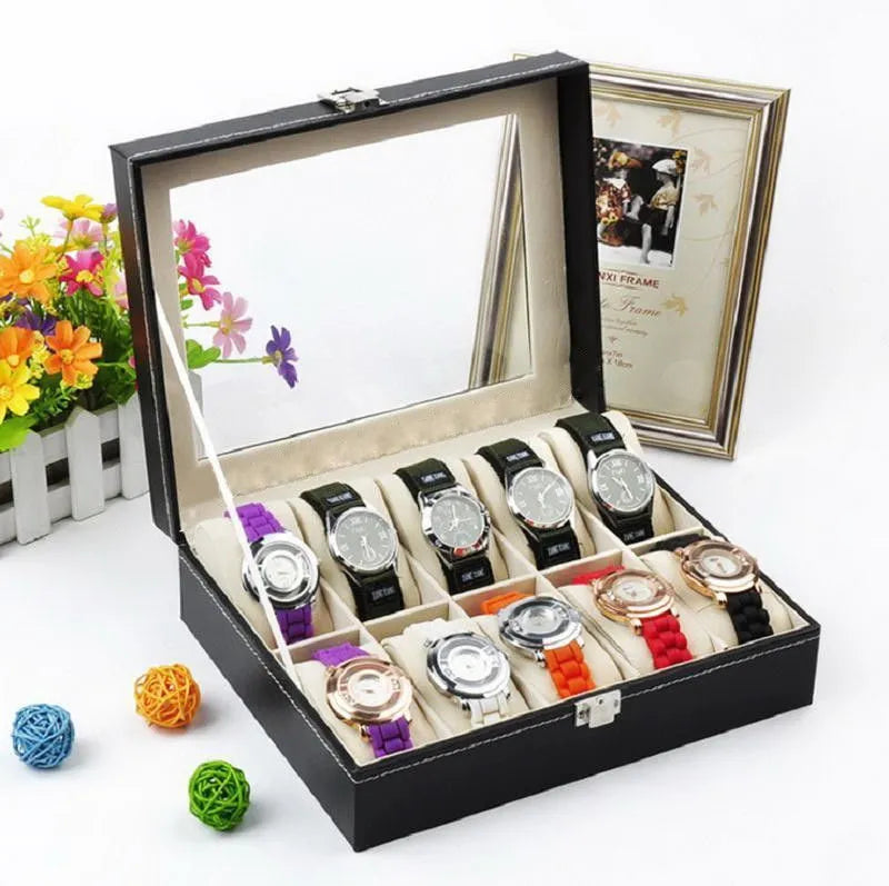 10 Slot PU Leather Watch Box, Black Watch Display Case with Clear Glass Top & Metal Buckle, Velvet Lined Watch Storage Organizer Holder for Men Women Dresser Bedroom