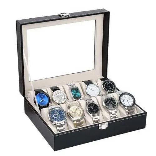 10 Slot PU Leather Watch Box, Black Watch Display Case with Clear Glass Top & Metal Buckle, Velvet Lined Watch Storage Organizer Holder for Men Women Dresser Bedroom