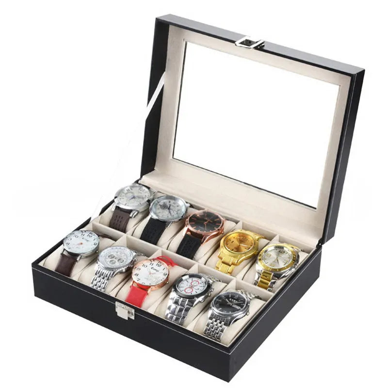 10 Slot PU Leather Watch Box, Black Watch Display Case with Clear Glass Top & Metal Buckle, Velvet Lined Watch Storage Organizer Holder for Men Women Dresser Bedroom