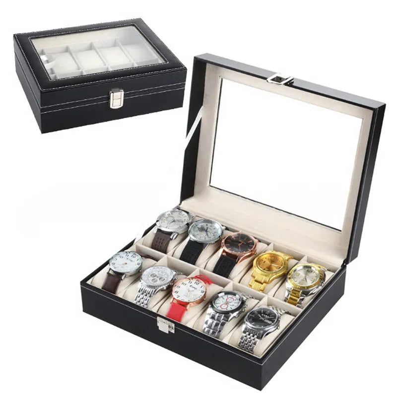 10 Slot PU Leather Watch Box, Black Watch Display Case with Clear Glass Top & Metal Buckle, Velvet Lined Watch Storage Organizer Holder for Men Women Dresser Bedroom