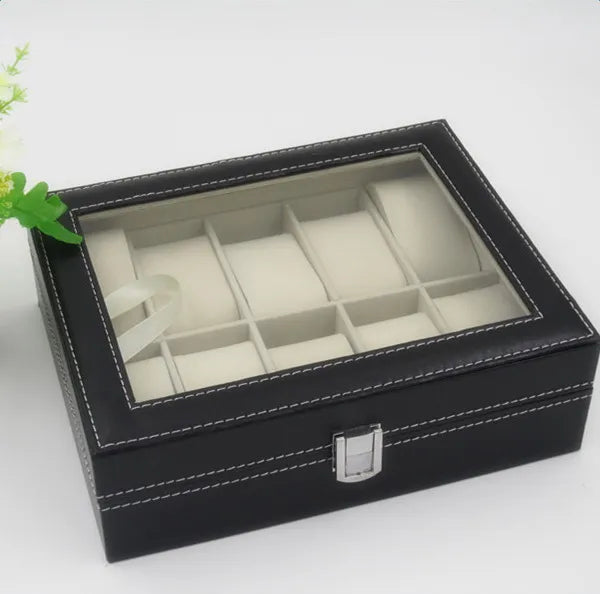 10 Slot PU Leather Watch Box, Black Watch Display Case with Clear Glass Top & Metal Buckle, Velvet Lined Watch Storage Organizer Holder for Men Women Dresser Bedroom
