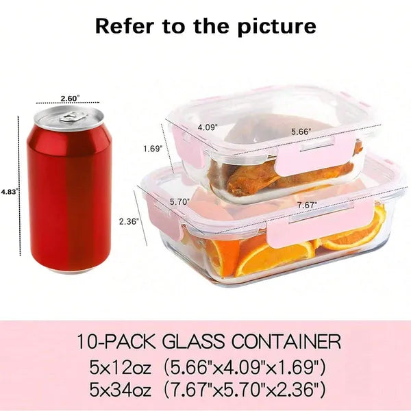 Aeelleea 10 Pack Glass Meal Prep Containers with Lids, Airtight Food Storage Bento Box, Microwave Freezer Dishwasher Safe