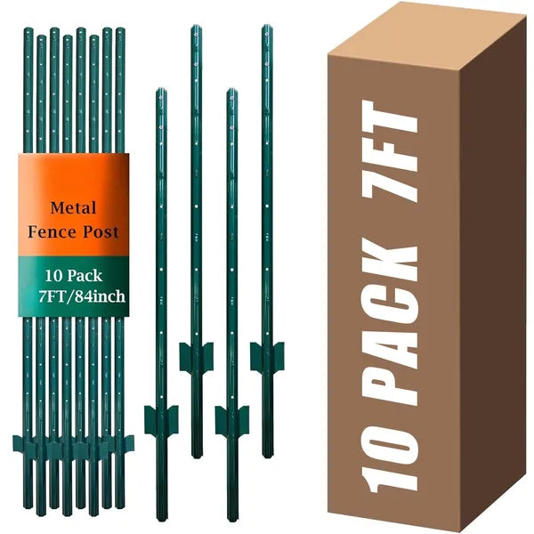 Aeelleea 10 Pack 7FT Green Metal Fence Posts, Steel Stakes for Garden Fencing & Plant Support