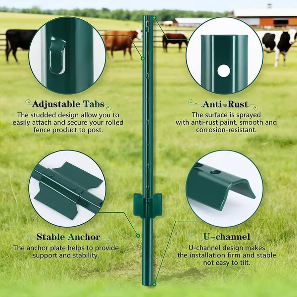 Aeelleea 10 Pack 7FT Green Metal Fence Posts, Steel Stakes for Garden Fencing & Plant Support