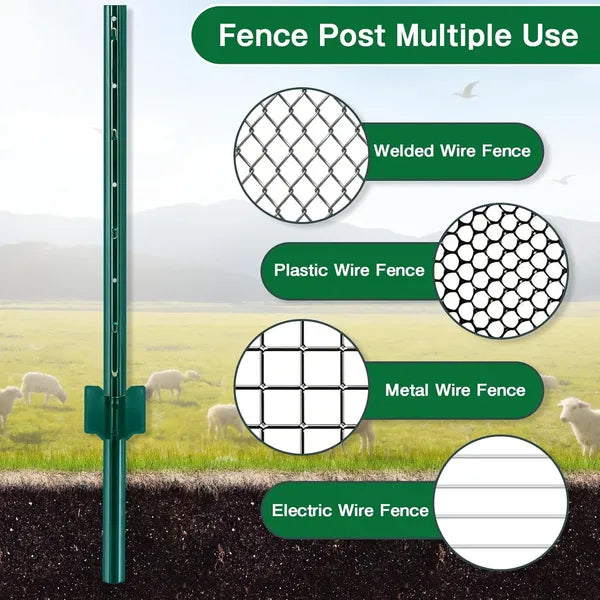 Aeelleea 10 Pack 7FT Green Metal Fence Posts, Steel Stakes for Garden Fencing & Plant Support