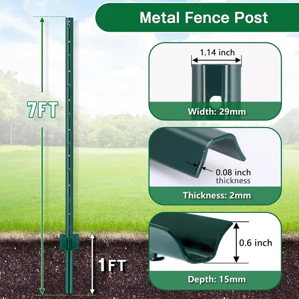 Aeelleea 10 Pack 7FT Green Metal Fence Posts, Steel Stakes for Garden Fencing & Plant Support