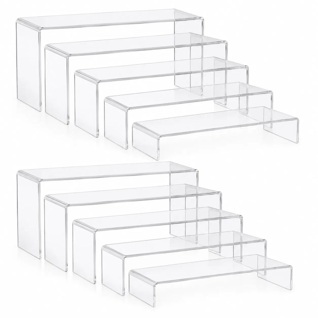 10‑Piece Clear Acrylic Display Risers Set, U‑Shaped Nesting Stands with 5 Assorted Sizes, Tiered Step Shelves for Collectibles, Desserts & Cosmetics