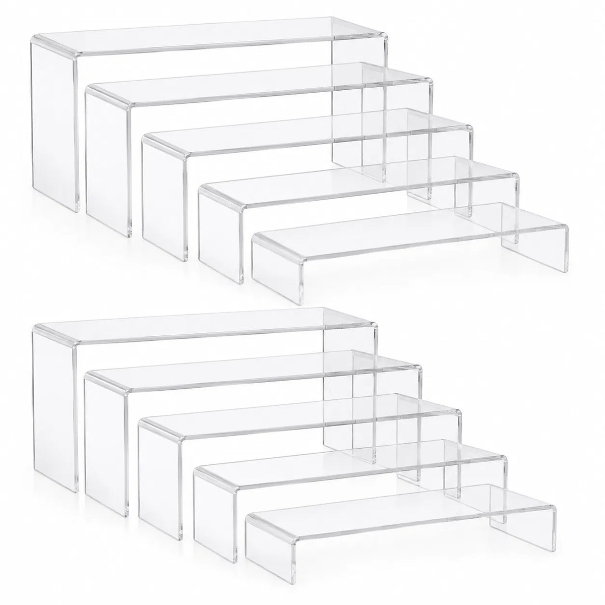 10‑Piece Clear Acrylic Display Risers Set, U‑Shaped Nesting Stands with 5 Assorted Sizes, Tiered Step Shelves for Collectibles, Desserts & Cosmetics