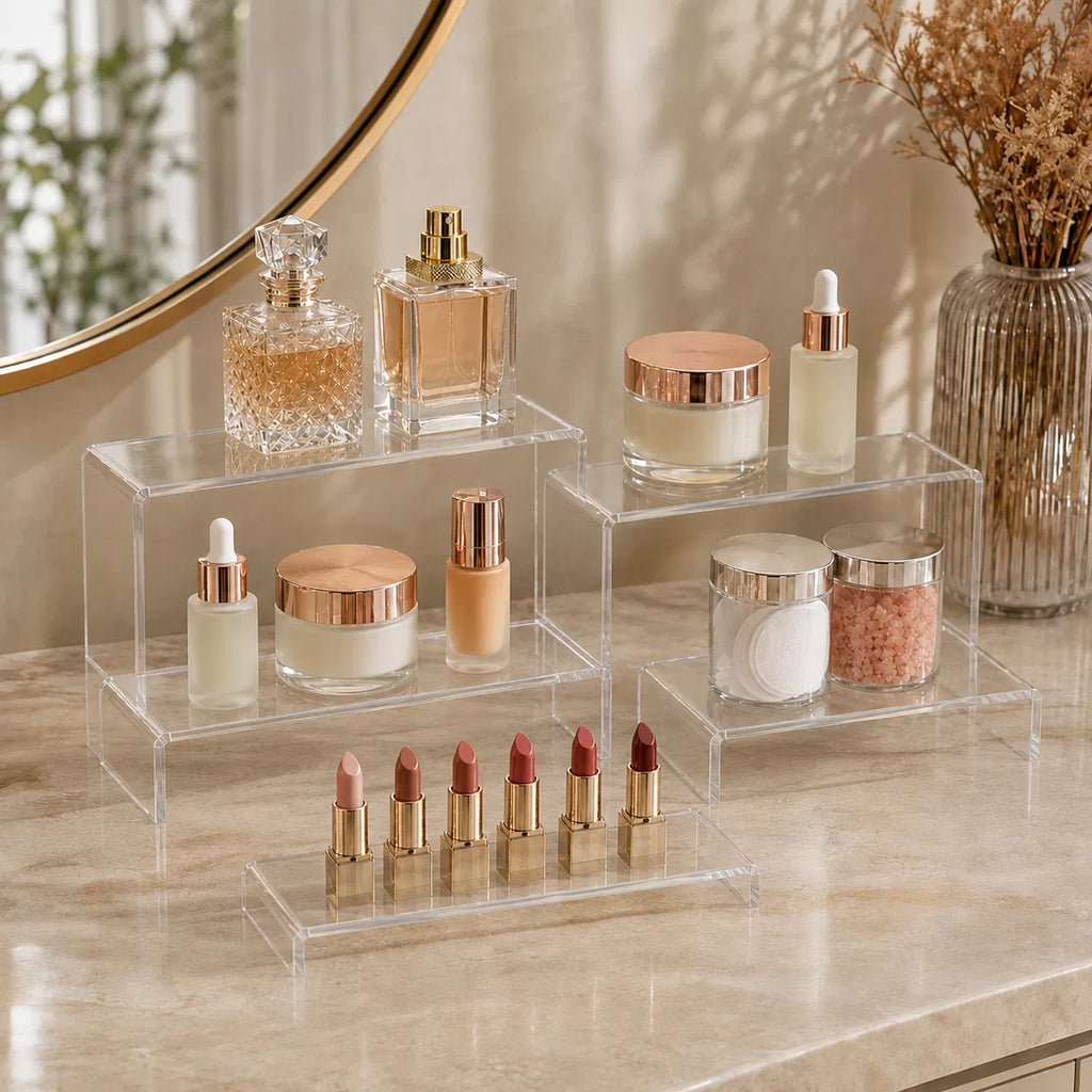 10‑Piece Clear Acrylic Display Risers Set, U‑Shaped Nesting Stands with 5 Assorted Sizes, Tiered Step Shelves for Collectibles, Desserts & Cosmetics