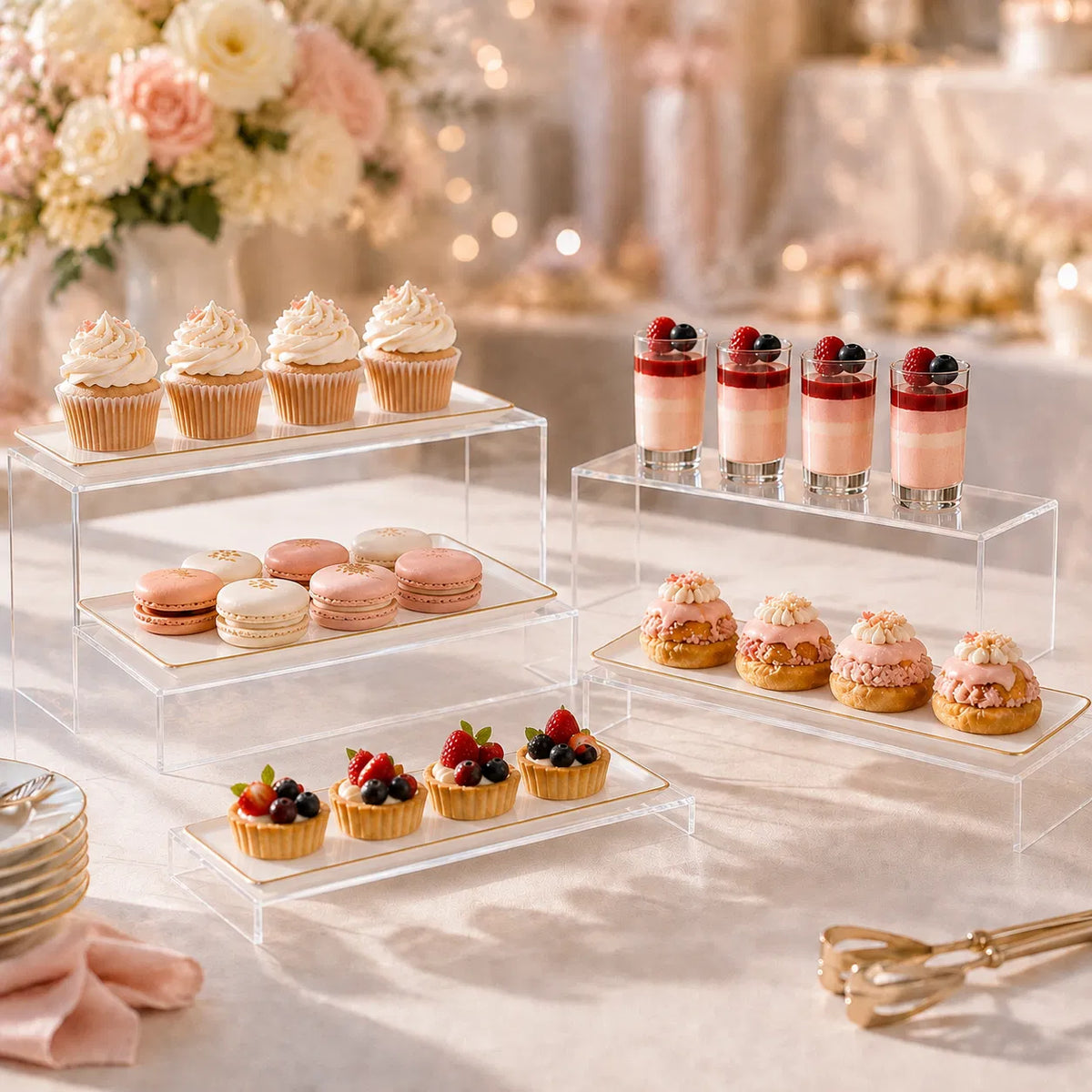 10‑Piece Clear Acrylic Display Risers Set, U‑Shaped Nesting Stands with 5 Assorted Sizes, Tiered Step Shelves for Collectibles, Desserts & Cosmetics