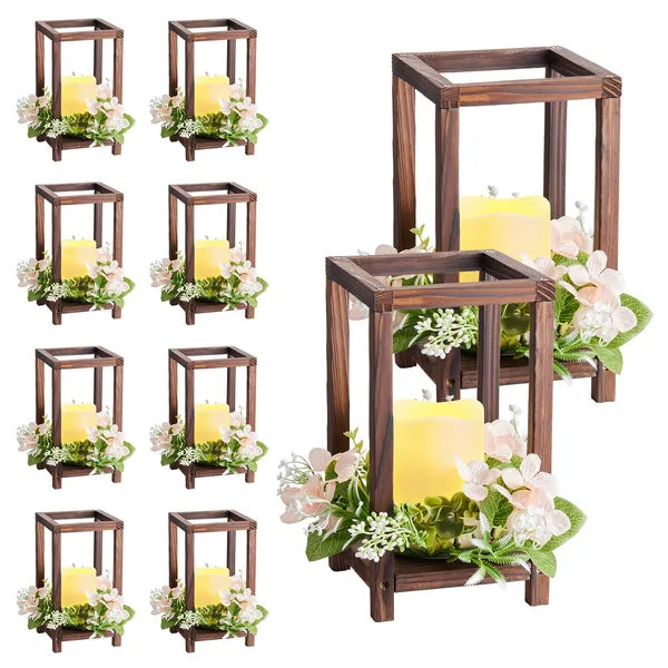 Aeelleea Wooden Wedding Lantern Centerpieces, 10 Wooden Lantern Candle Holders with 10 Flameless LED Candles & 10 Champagne Wreaths, Brown Farmhouse Table Decor for Wedding Party