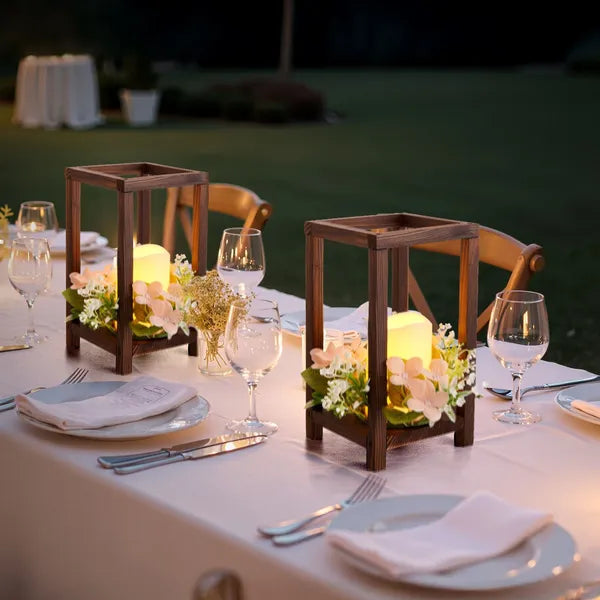 Aeelleea Wooden Wedding Lantern Centerpieces, 10 Wooden Lantern Candle Holders with 10 Flameless LED Candles & 10 Champagne Wreaths, Brown Farmhouse Table Decor for Wedding Party