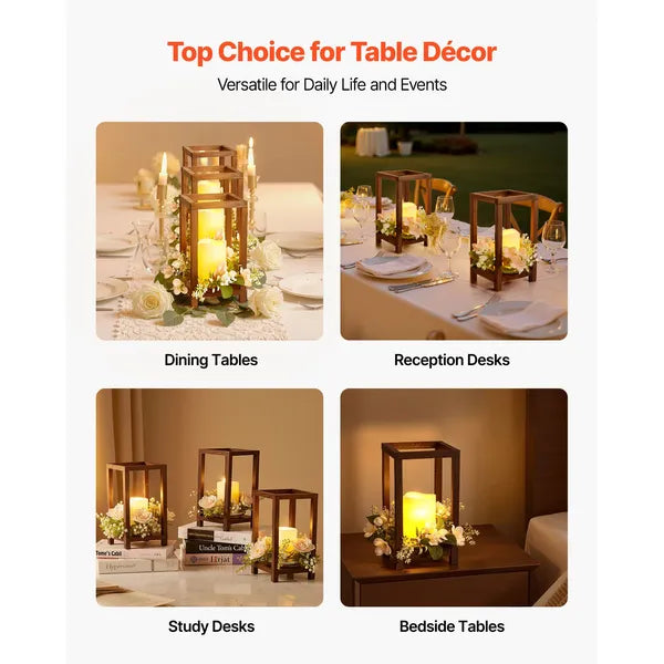 Aeelleea Wooden Wedding Lantern Centerpieces, 10 Wooden Lantern Candle Holders with 10 Flameless LED Candles & 10 Champagne Wreaths, Brown Farmhouse Table Decor for Wedding Party
