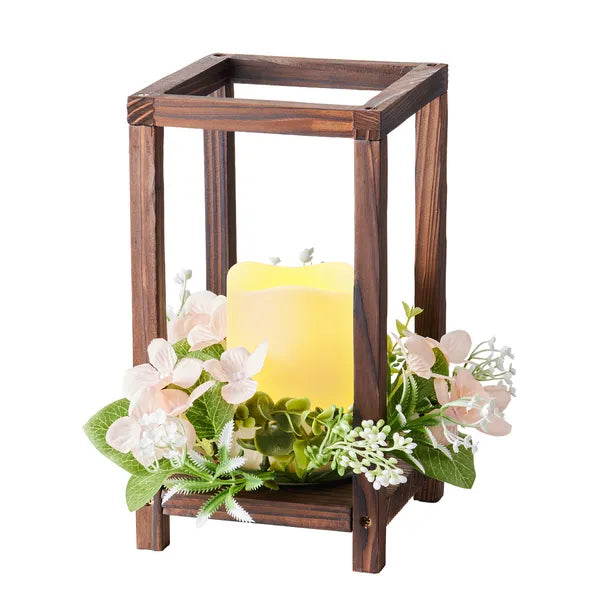 Aeelleea Wooden Wedding Lantern Centerpieces, 10 Wooden Lantern Candle Holders with 10 Flameless LED Candles & 10 Champagne Wreaths, Brown Farmhouse Table Decor for Wedding Party