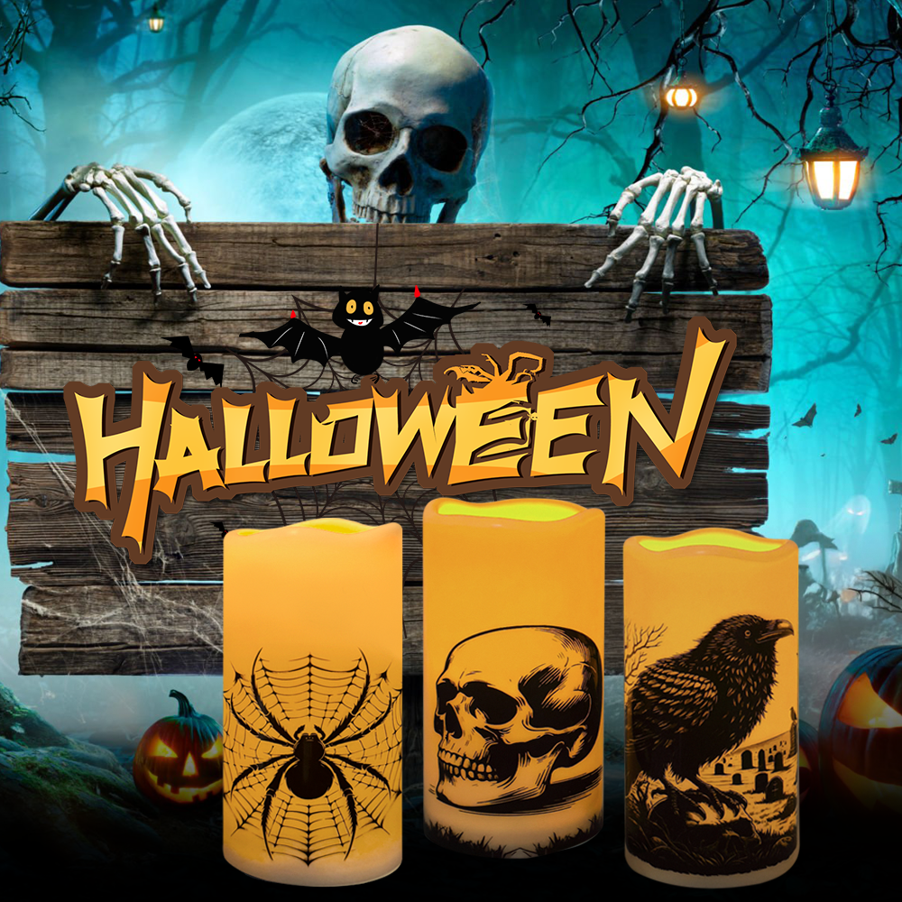 Halloween LED Flameless Flickering Candles,Horror stickers such as skeletons, spider webs, crows, ravens, etc., Halloween-themed indoor decorations (3-piece set, diameter 3 inches x height 6 inches)