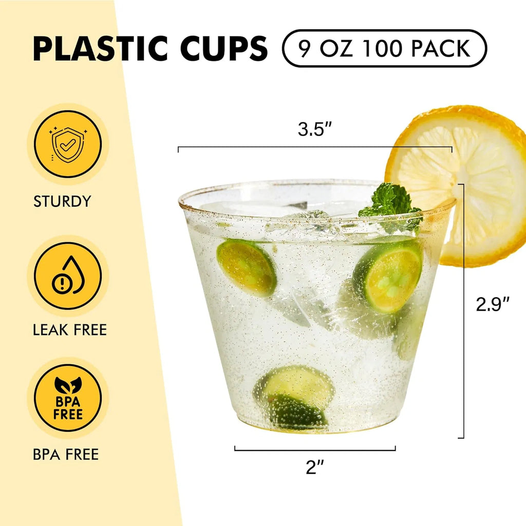 100‑Pack 9oz Heavy‑Duty Disposable Gold Glitter Plastic Tumbler Cups, Clear Party Drink Cups for Wedding and Holiday Events