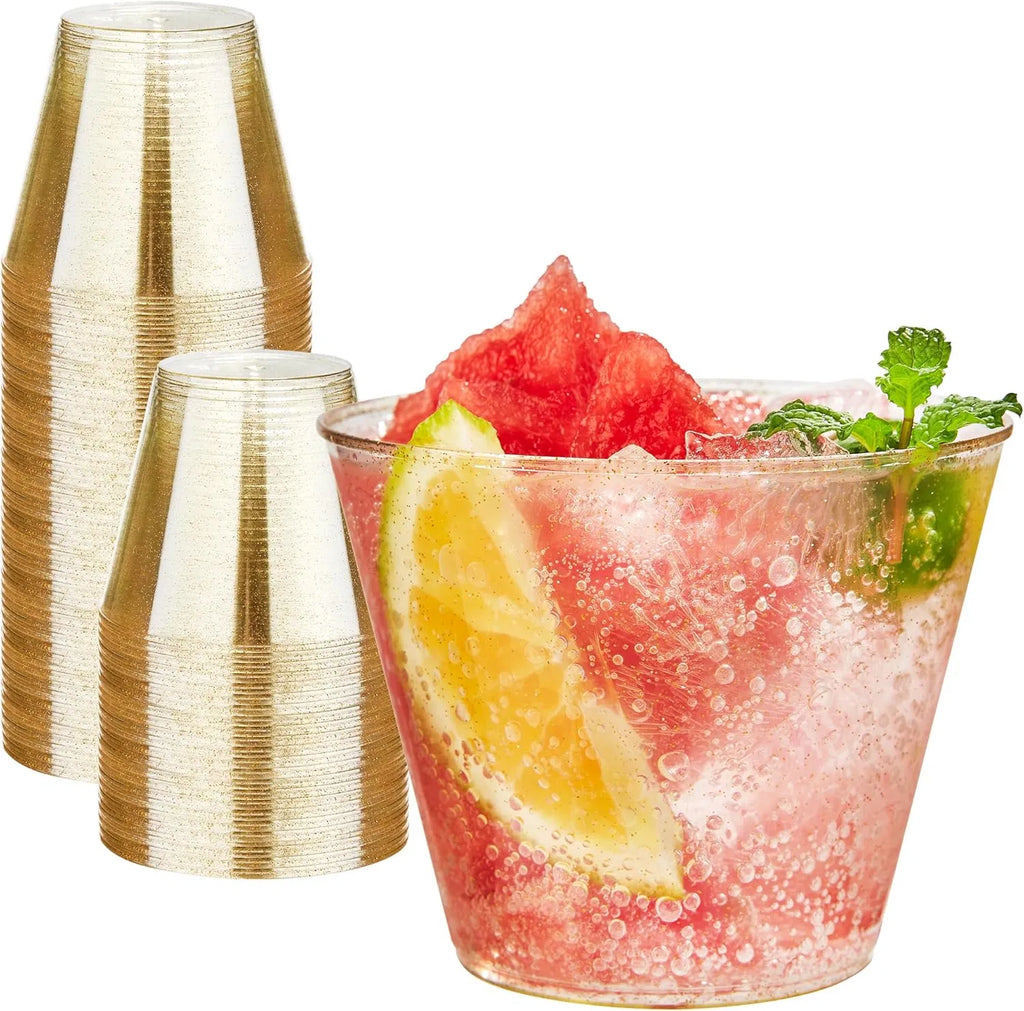 100‑Pack 9oz Heavy‑Duty Disposable Gold Glitter Plastic Tumbler Cups, Clear Party Drink Cups for Wedding and Holiday Events